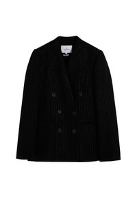 Černý dvouřadý blazer s texturovaným proužkovým vzorem a jemným leskem. Má klopové límce a dvě přední kapsy.