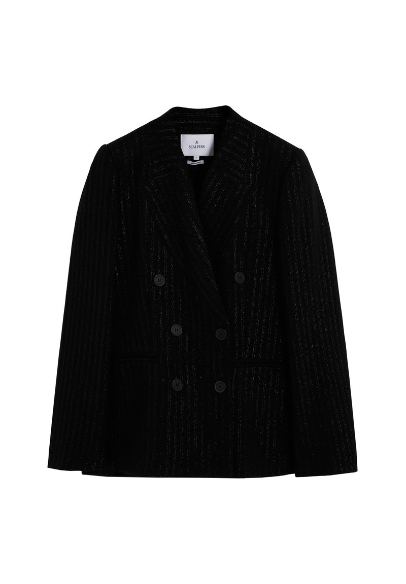 Černý dvouřadý blazer s texturovaným proužkovým vzorem a jemným leskem. Má klopové límce a dvě přední kapsy.