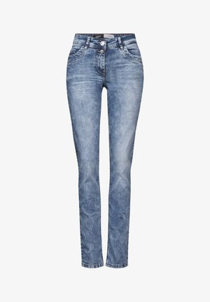 Helle blaue Denim-Jeans mit schlanker Passform, ausgestattet mit zwei Fronttaschen, zwei Gesäßtaschen, einem Knopfverschluss und dezenten Waschungseffekten.