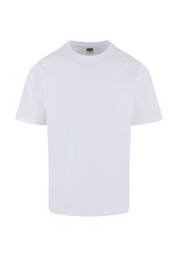 T-shirt blanc uni à manches courtes et col rond en taille moyenne avec une étiquette Urban Classics à l'intérieur du col.