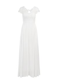 Witte jurk met een kanten lijfje en korte kapmouwen. Vloeiende, lichtgewicht rok. Sleutelgatdetail aan de achterkant. Soepele, elegante uitstraling.