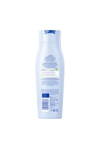 Nivea Length Wonder Shampooflasche, 250ml, hellblau mit blauem Flip-Deckel, zeigt Produktdetails, Inhaltsstoffe und Informationen zur Nachhaltigkeit auf der Rückseite.
