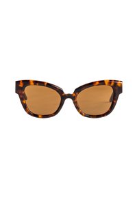 Gafas de sol estilo gato con un patrón de carey, lentes marrones y un acabado brillante. Diseño angular con montura ancha y bordes exteriores puntiagudos.