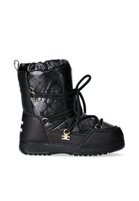 Stivali da neve neri in tessuto trapuntato con finitura lucida, design con lacci, dettagli dorati e colletto imbottito per il calore. Suola in gomma per una buona aderenza.