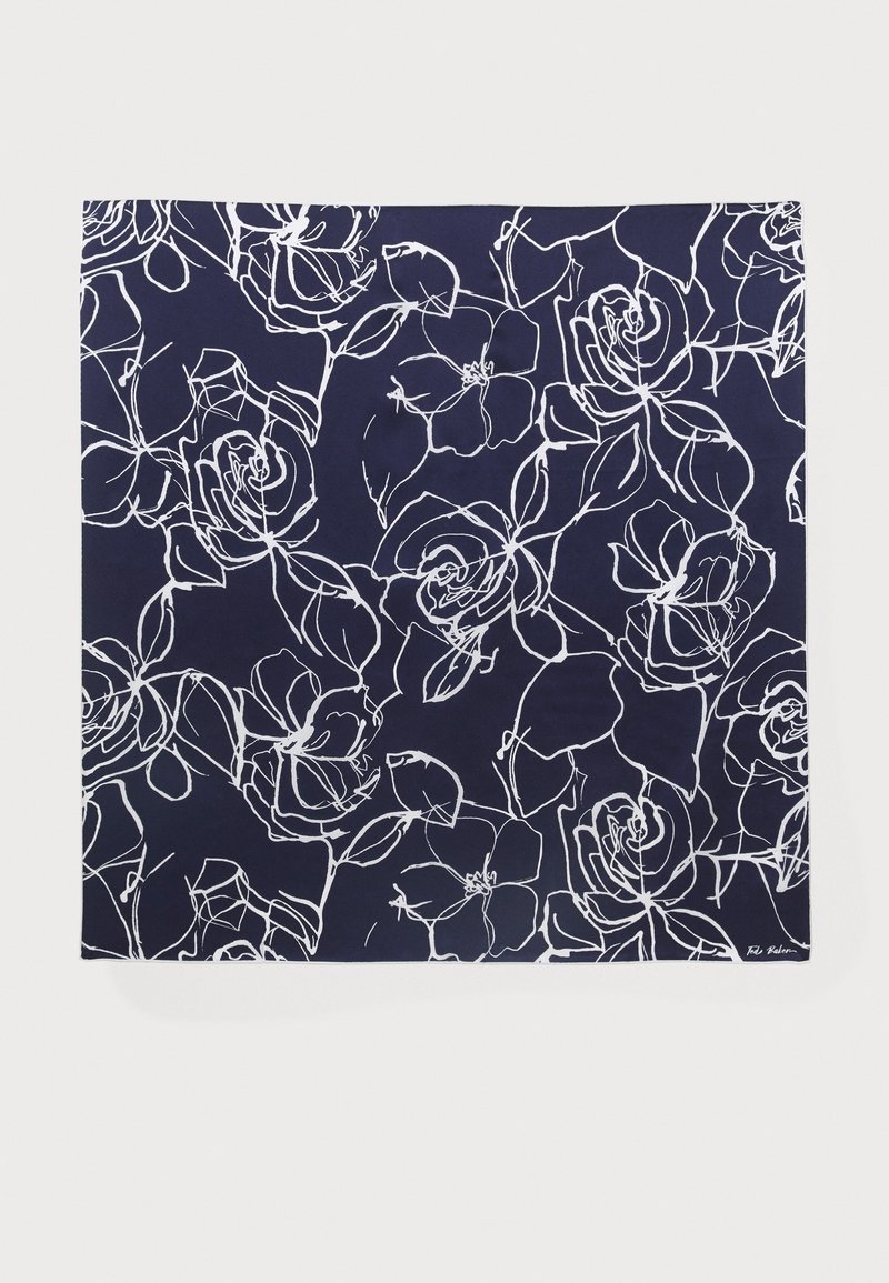 Tissu bleu marine avec un dessin en ligne continue blanche de roses et de feuilles formant un motif floral.
