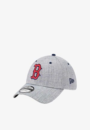 Gray wool blend cap with a flat brim, featuring a red embroidered "B" logo on the front and a black New Era badge on the side.