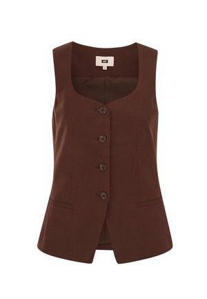 Hnedá vesta bez rukávov s gombíkmi, s výstrihom do lodičky a dvomi horizontálnymi prednými vreckami na štrbinu, priliehavý strih.