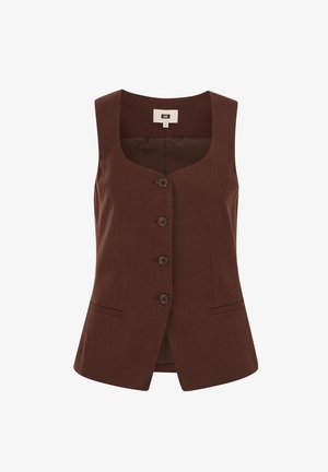 Ærmeløst brunt vest med knapper, scoop-halsudskæring og to vandrette frontlommer med slidser, skræddersyet pasform.