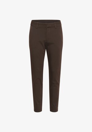 Brown cotton pants with a tailored fit, featuring a flat front, belt loops, and a smooth texture. No visible patterns or hardware.