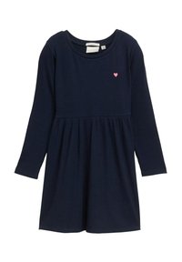 Marineblaues, geripptes Langarmkleid mit einem ausgestellten Rock, das ein kleines rosa Herz-Accessoire auf der Brust hat. Weiches, dehnbares Baumwollmaterial.