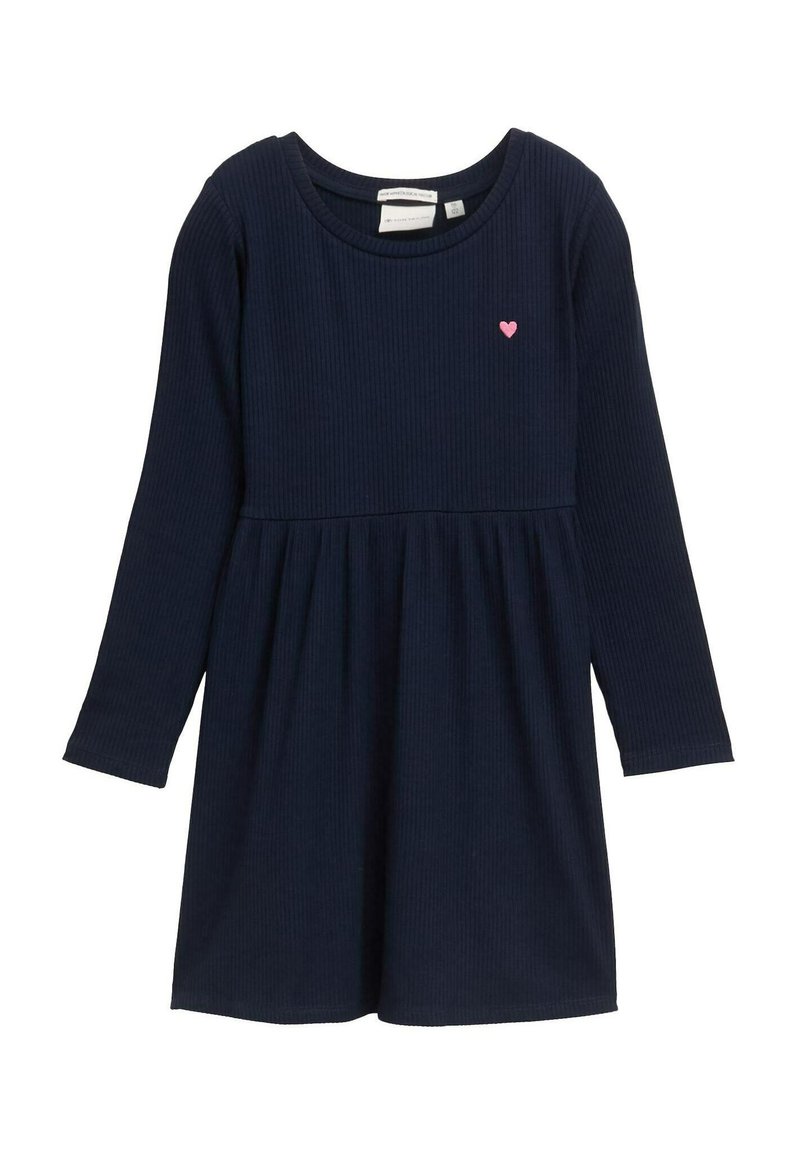 Marineblaues, geripptes Langarmkleid mit einem ausgestellten Rock, das ein kleines rosa Herz-Accessoire auf der Brust hat. Weiches, dehnbares Baumwollmaterial.