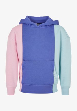 Sweat-shirt à capuche avec une texture douce, présentant des sections rose, bleu et menthe. Comprend une poche avant et des poignets et un ourlet côtelés.