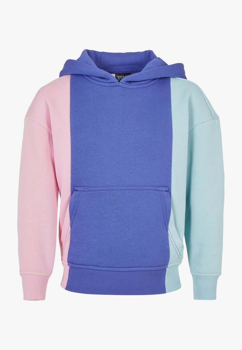 Sweat-shirt à capuche avec une texture douce, présentant des sections rose, bleu et menthe. Comprend une poche avant et des poignets et un ourlet côtelés.