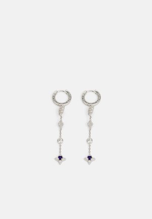 Silver hoop earrings with drop chains, featuring clear and dark blue stone accents and star-shaped decorative details.