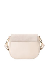 Borsa beige in pelle liscia con una patta in suede. Presenta una chiusura in metallo dorato e una tracolla rimovibile. Forma arrotondata.