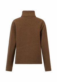 Bruine fleece pullover met een hoge kraag, een gestructureerde oppervlakte en lange mouwen. Bevat een vierkante patch op de bovenrug.