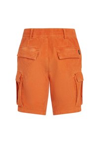 Oranžové kordové kraťasy s kapsami a elastickým pasem, s dvěma zadními a dvěma bočními kapsami, texturovaná tkanina a rovný střih.