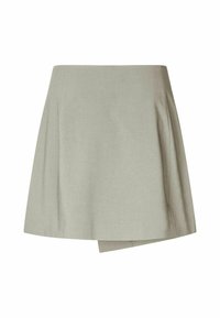 Light grey, A-line mini skirt made of smooth fabric with a minimalist design and a diagonal wrap detail at the hem.
