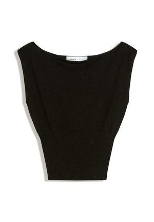 Sort ærmeløs striktrøje med bred halsudskæring og tætsiddende ribstrikket talje, mærke med brandet Bershka.