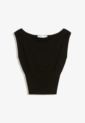 Črna brezrokavnik iz pletenine z širokim izrezom in oprijetim rebrastim pasom, etiketa prikazuje blagovno znamko Bershka.