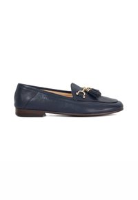 Navy blue leather loafers with a smooth texture, featuring a gold-tone hardware accent and tassels on the front. Flat heel design.