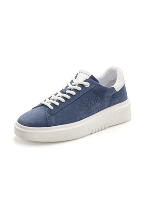 Blue suede sneaker with white laces and padded collar, thick white sole, embossed brand name "ELLE SAND" on side.