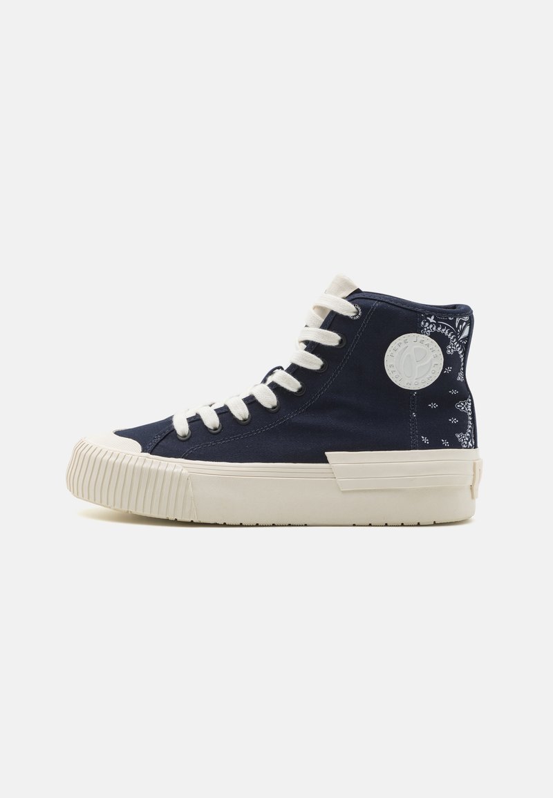 High-top sneakers featuring a navy canvas upper, white rubber sole, and textured accents with a floral pattern on the back panel.