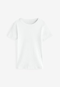 T-shirt blanc à manches courtes en coton, avec un col rond et une texture lisse. Aucun motif ni décoration n'est présent.