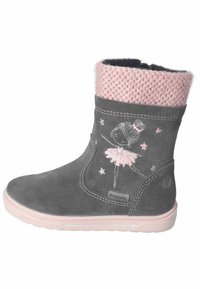 Šedá semišová kotníková bota s růžovým pleteným límcem, s designem baletky a hvězdičkami, růžovou gumovou podrážkou a detailní bočními švy.