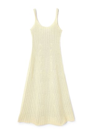 Trikotēta midi kleita gaiši dzeltenā krāsā ar aukliņu pleciem, ar teksturētām vertikālām līnijām un brīvu piegriezumu. Nav izteiktu akcentu vai rakstu.