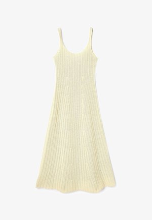 Trikotēta midi kleita gaiši dzeltenā krāsā ar aukliņu pleciem, ar teksturētām vertikālām līnijām un brīvu piegriezumu. Nav izteiktu akcentu vai rakstu.