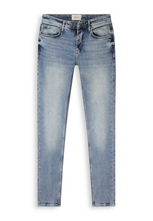 Lichtblauwe slim-fit jeans met vervaagde voorkant van de dijen, voorzakken, lussen voor een riem en een knoop-ritssluiting.