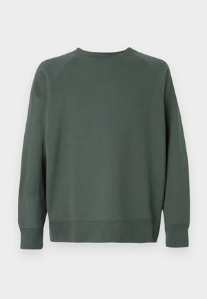 Sudadera de crewneck oscura verde lisa con mangas largas, puños acanalados y dobladillo recto, mostrada desde atrás sobre un fondo blanco.