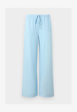 Pantalones de pierna ancha color azul claro con cintura elástica y cordón, mostrados sobre un fondo gris liso.