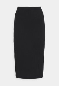 Svart ribbad trikåpenna kjol med en slät midja och figurnära siluett. Texturen är något upphöjd med vertikala linjer.