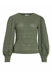 Olivegrünes Langarmoberteil mit gerippter Textur, puffigen Ärmeln und Rundhalsausschnitt. Hat einen dezenten Glanz und elastische Bündchen.