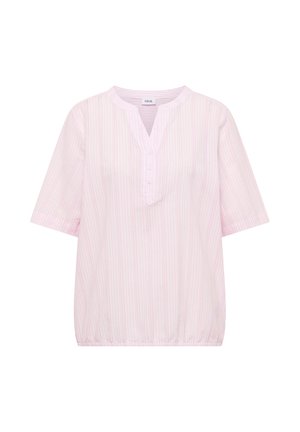 Jasnoróżowa bluzka z krótkim rękawem z delikatnymi pionowymi paskami, dekoltem w serek zapinanym na guziki i elastycznym dołem, z metką "Cecil" wewnątrz kołnierzyka.