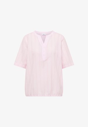 Světle růžová krátký rukáv halenka s jemnými vertikálními pruhy, zapínání s knoflíky ve tvaru V výstřihu a elastickým lemem, uvnitř límce etiketa "Cecil".