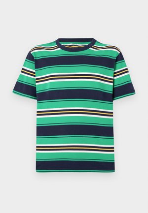 Majica s kratkimi rokavi s horizontalnimi črtami v zeleni, mornarski modri, beli, rumeni in črni barvi. Okrogla izreza, standardna prileganje in bombažni material.