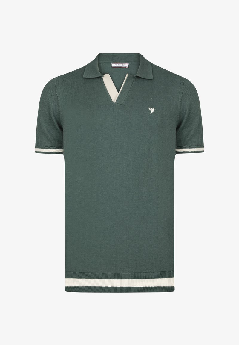 Zelený pletený polo svetr s výstřihem do V, kontrastní béžové pruhy na límci a rukávech a malým ptáčkem na hrudi.