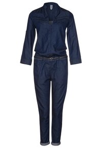 Denimonepiece i mörkblått, med dragkedja fram, krage, lång ärm och manschettslut med bälte i midjan.