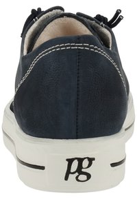 Navy blue leather sneaker with textured finish, white rubber sole, contrasting stitching, and branded accent on heel.