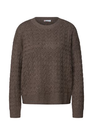 Bruin gebreid sweater met een gestructureerd zigzagpatroon, ronde crew-halslijn en lange mouwen, met ribgebreide boorden en zoom.