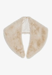 Faux fur collar in a light beige color, featuring a soft texture and a smooth lining. The design has a wide, triangular shape.