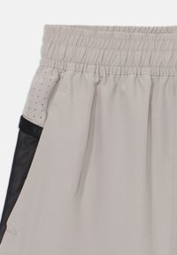 Pantalones cortos deportivos de color gris claro con cintura elástica, paneles laterales de malla transpirable y un sutil detalle perforado en la tela.