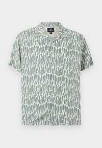 Πουκάμισο με κοντό μανίκι και κουμπιά, με αφηρημένο κατακόρυφο μοτίβο από πινελιές σε απαλό μπλε και εκρού.