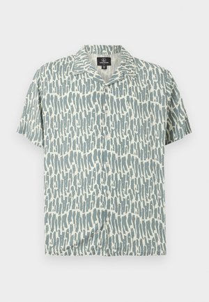 Πουκάμισο με κοντό μανίκι και κουμπιά, με αφηρημένο κατακόρυφο μοτίβο από πινελιές σε απαλό μπλε και εκρού.