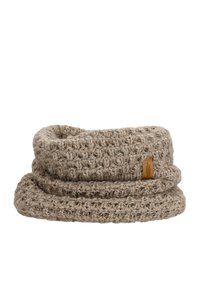 Strick-Schal in Beige, mit strukturierter Musterung und einem braunen Lederetikett. Weicher, dicker Stoff mit einem geschlungenen Design.