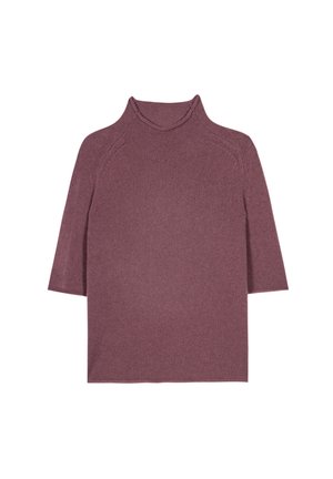 Short-sleeve turtleneck top in a muted mauve color, made of textured knit fabric with ribbed accents around the collar and sleeves.
