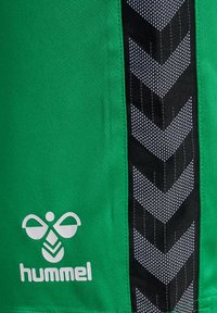 Pantalones cortos deportivos verdes con un panel lateral negro que presenta un patrón de chevron en blanco y un logo blanco de "hummel" en la parte inferior frontal.